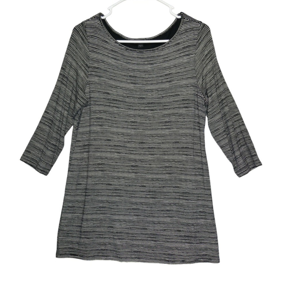 J. Jill Wearever Tunic Top Women Small Gray Black Striped 3/4 Sleeve Travel Knit